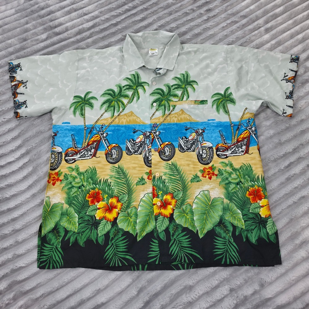 Rima Beachworld Mens XL Tropical Motorcycle Beach Hibiscus Button Front Shirt